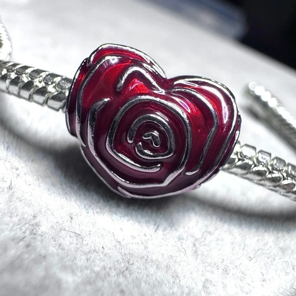 Heart Rose Charm Bead Red Enamel Silver Tone fits Pandora - Picture 2 of 11